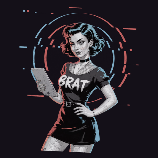 Cyberpunk BRAT Glitch Art Pinup Girl T-Shirt | Retro Pin Up Sassy Slogan Dark Goth