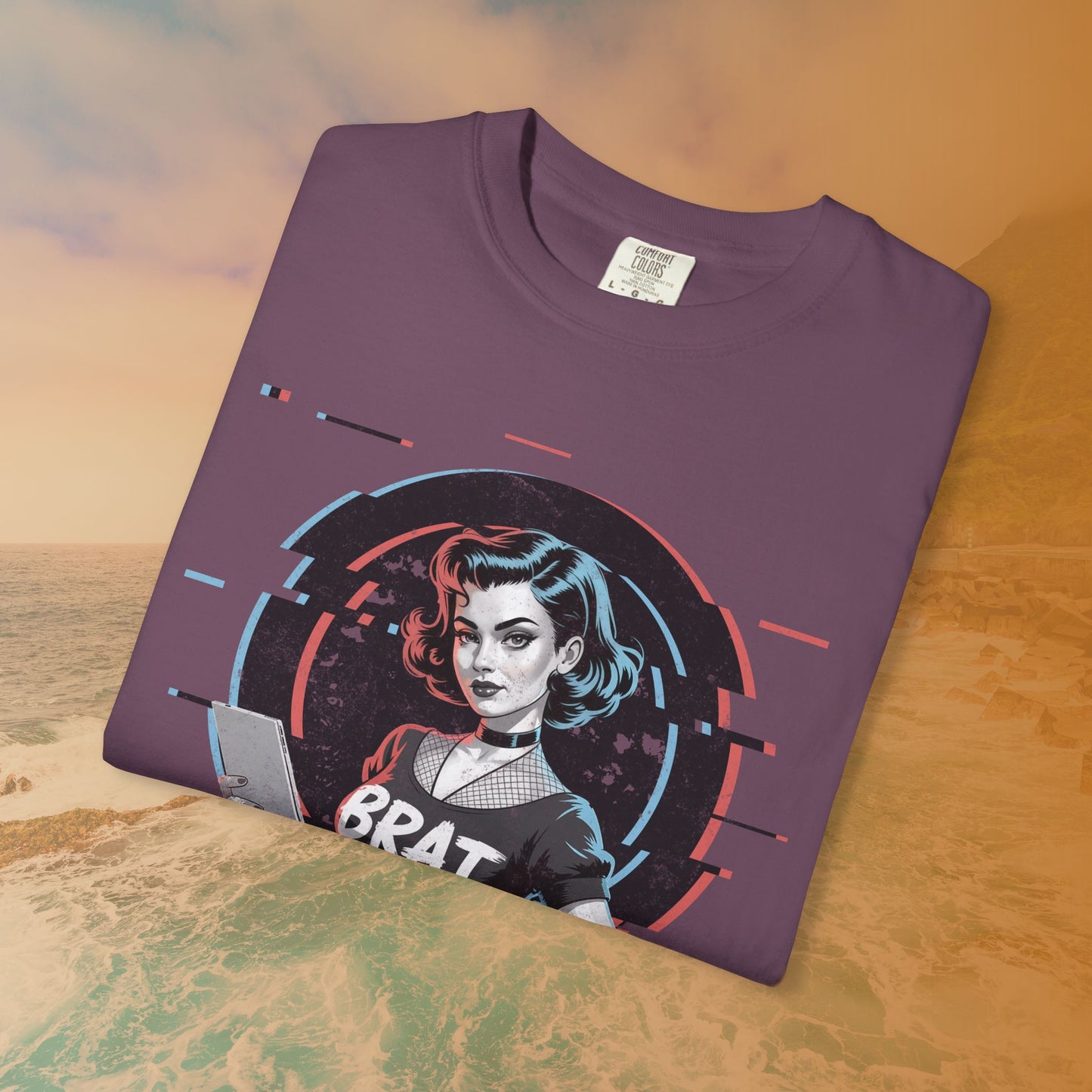 Cyberpunk BRAT Glitch Art Pinup Girl T-Shirt | Retro Pin Up Sassy Slogan Dark Goth