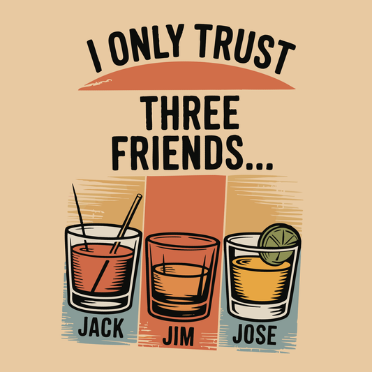 Three glasses of different drinks with text 'I Only Trust Three Friends... Jack Jim Jose' on a beige background.