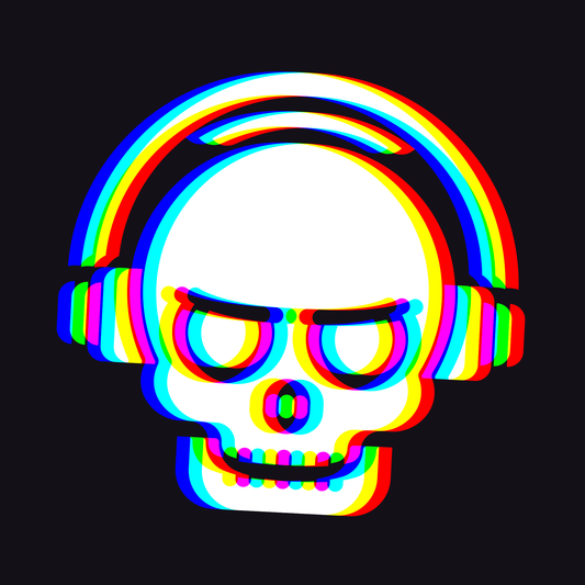 Colorful skull with rainbow headphones on a black background