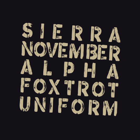 Text in a military phonetic alphabet on a black background