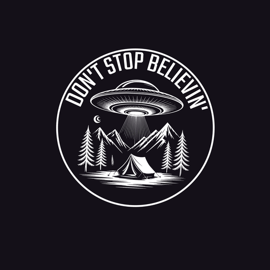 Circular design with UFO, mountains, and trees with 'Don't Stop Believin'' text on a black background.