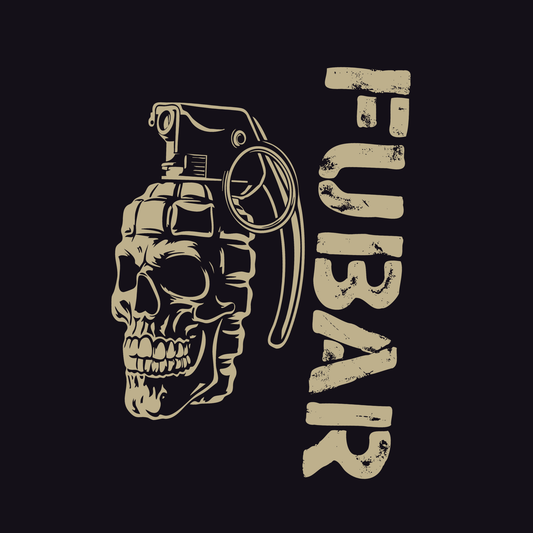 Grenade with skull design and 'HUBAR' text on a black background