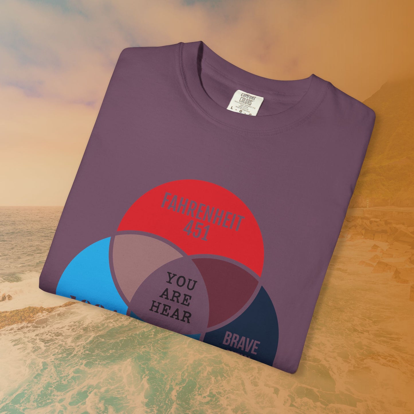 Dystopian Novels Venn Diagram T-Shirt | 1984, Fahrenheit 451, Brave New World Literary Tee