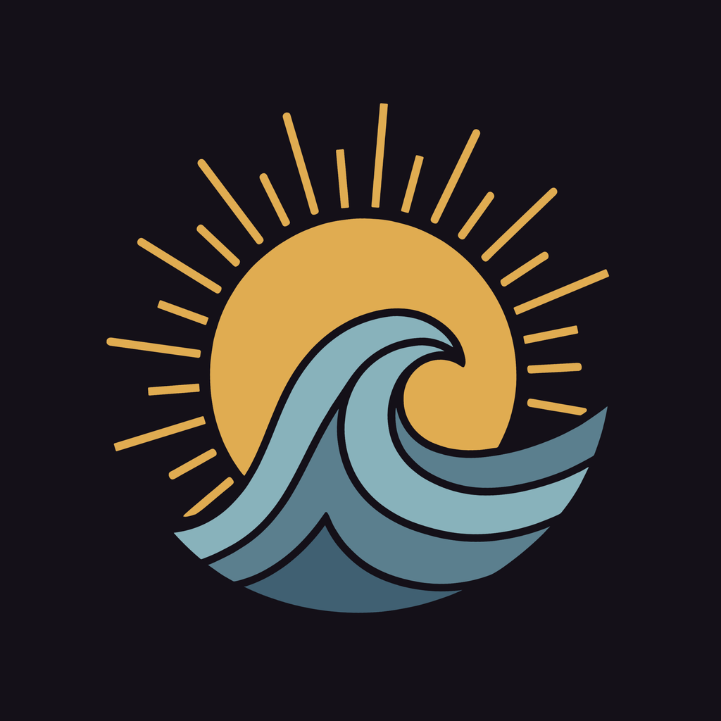 Logo with a sun and blue waves on a black background