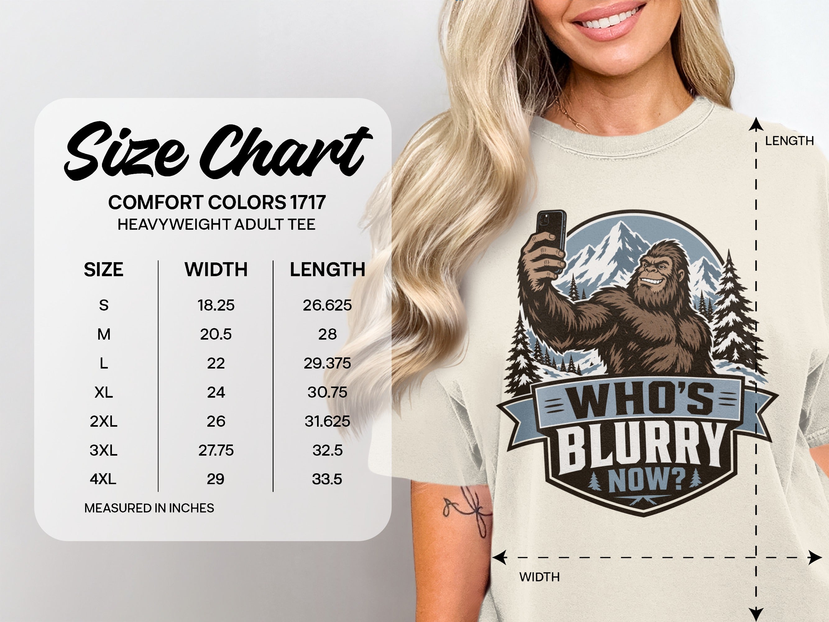Size chart for Comfort Colors 1717 heavyweight adult tee with measurements.