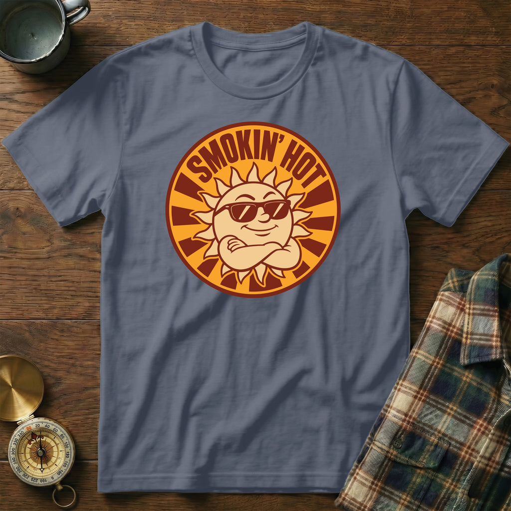 T-shirt with a "Smokin' Hot" sun graphic wearing sunglasses.