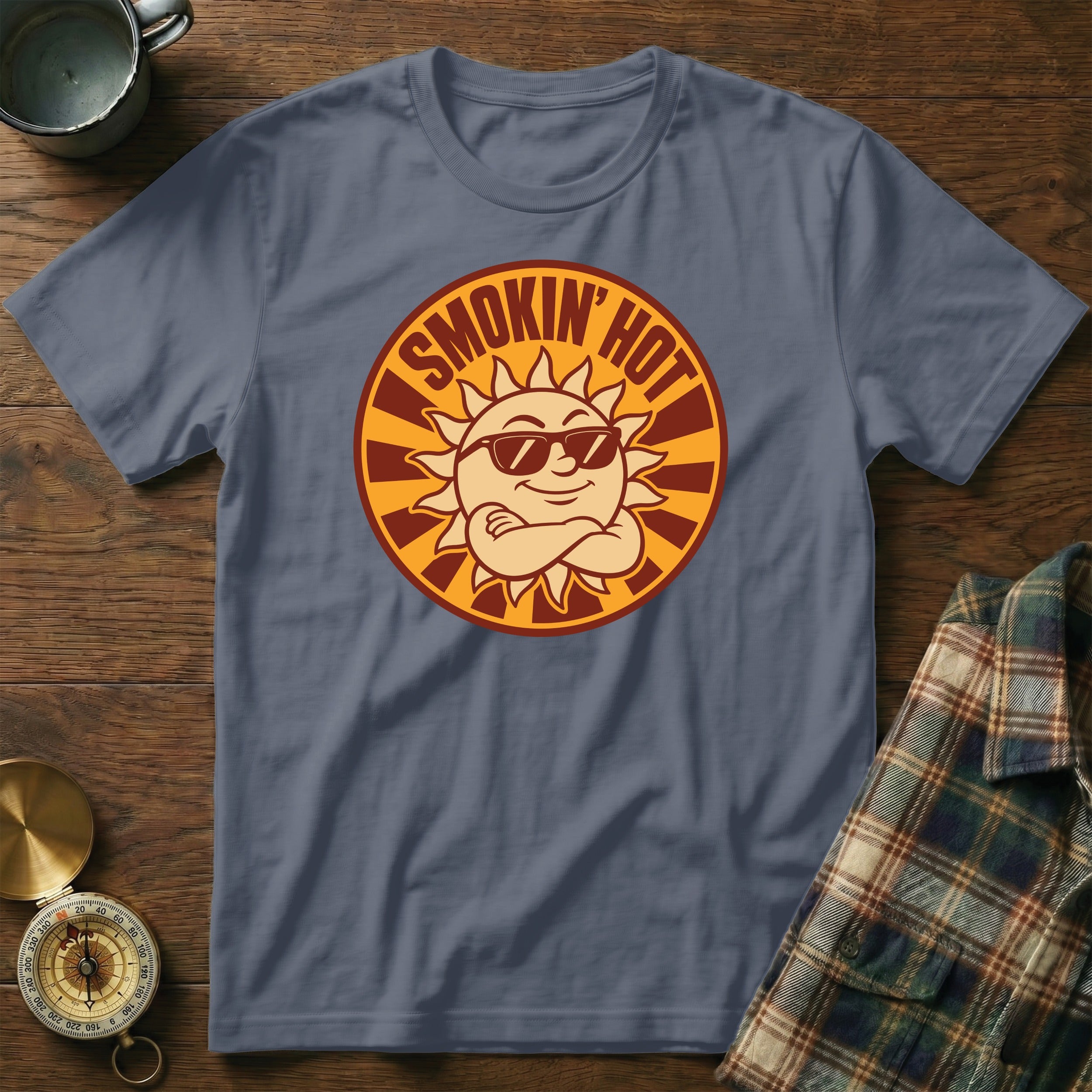 T-shirt with a "Smokin' Hot" sun graphic wearing sunglasses.
