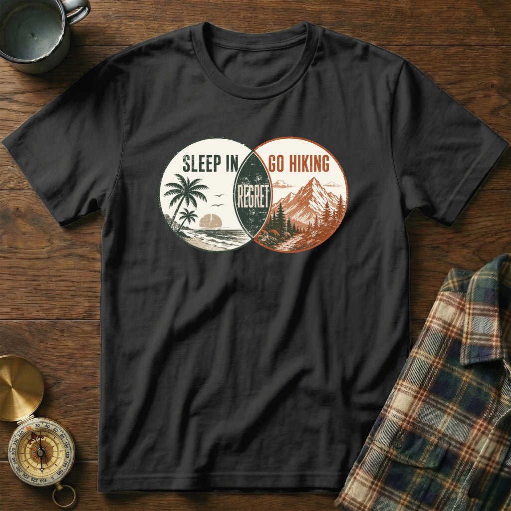 Black t-shirt with "Sleep In" beach graphic and "Go Hiking" mountain graphic.