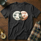 Black t-shirt with "Sleep In" beach graphic and "Go Hiking" mountain graphic.