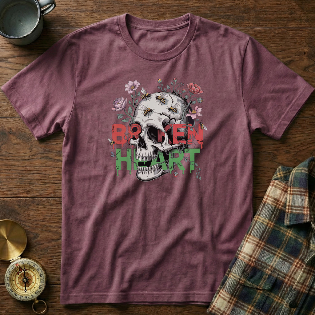 Broken Heart Skull Floral Goth T-Shirt in Berry