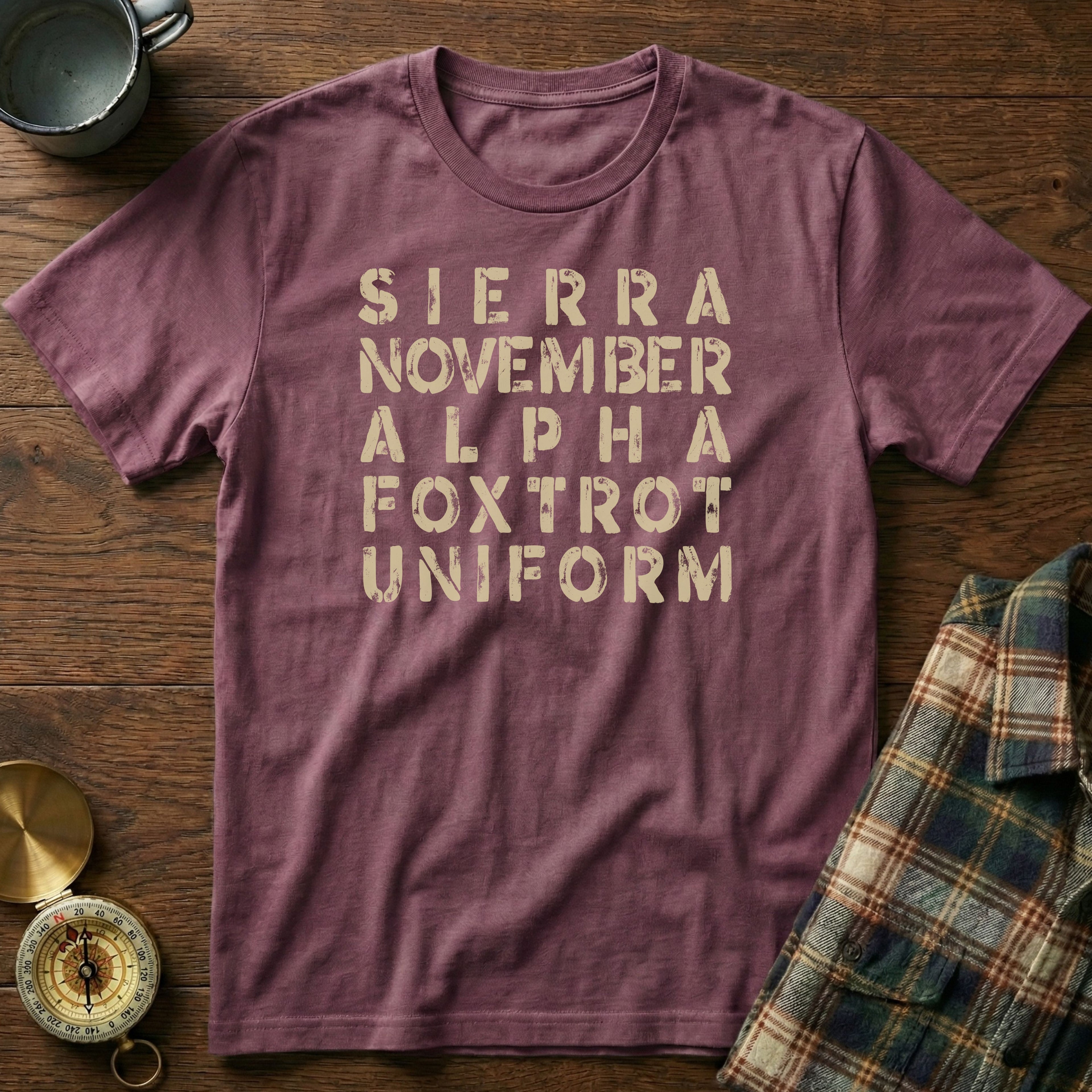 SNAFU Phonetic NATO Alphabet T-Shirt in Berry