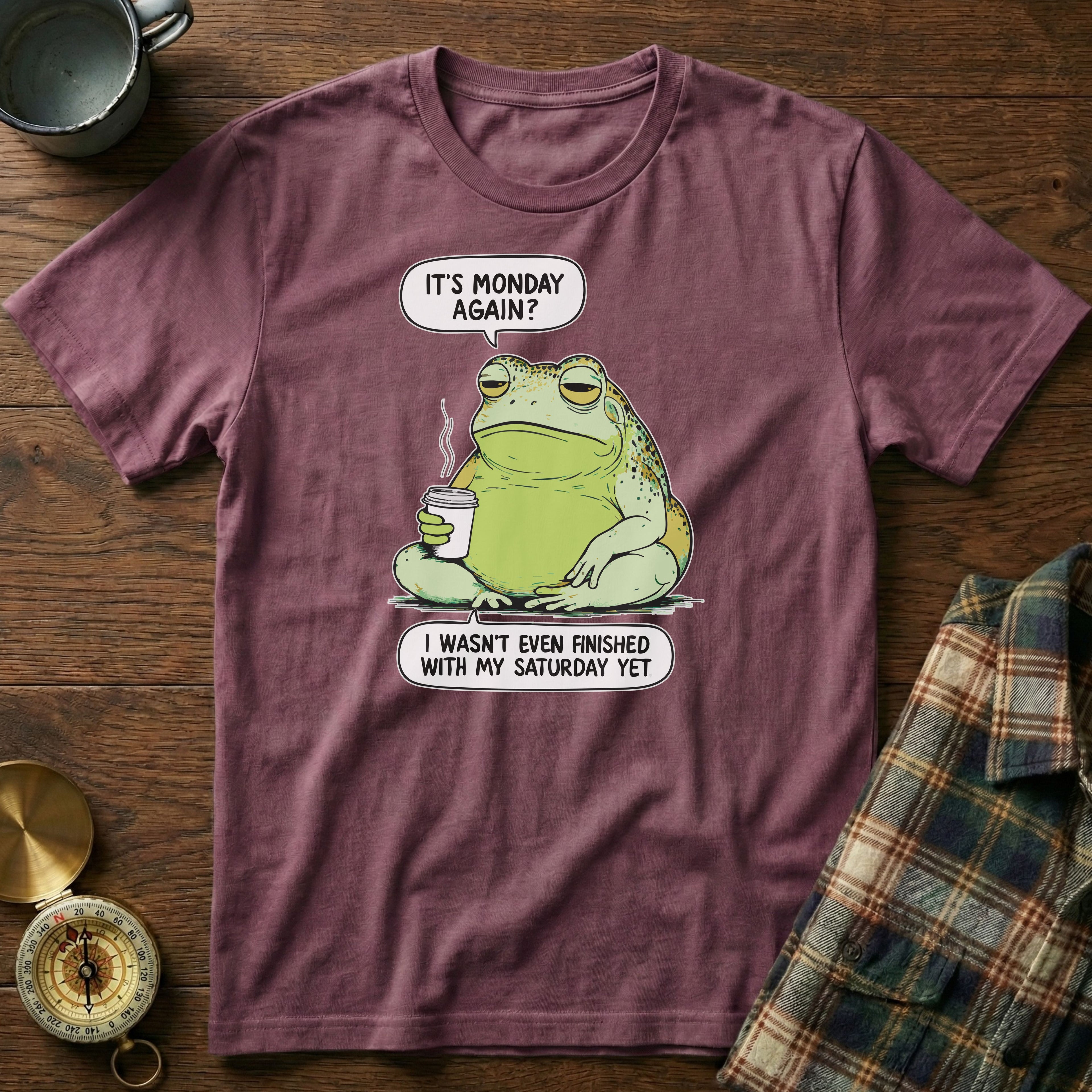 Funny Monday Frog Coffee T-Shirt in Berry