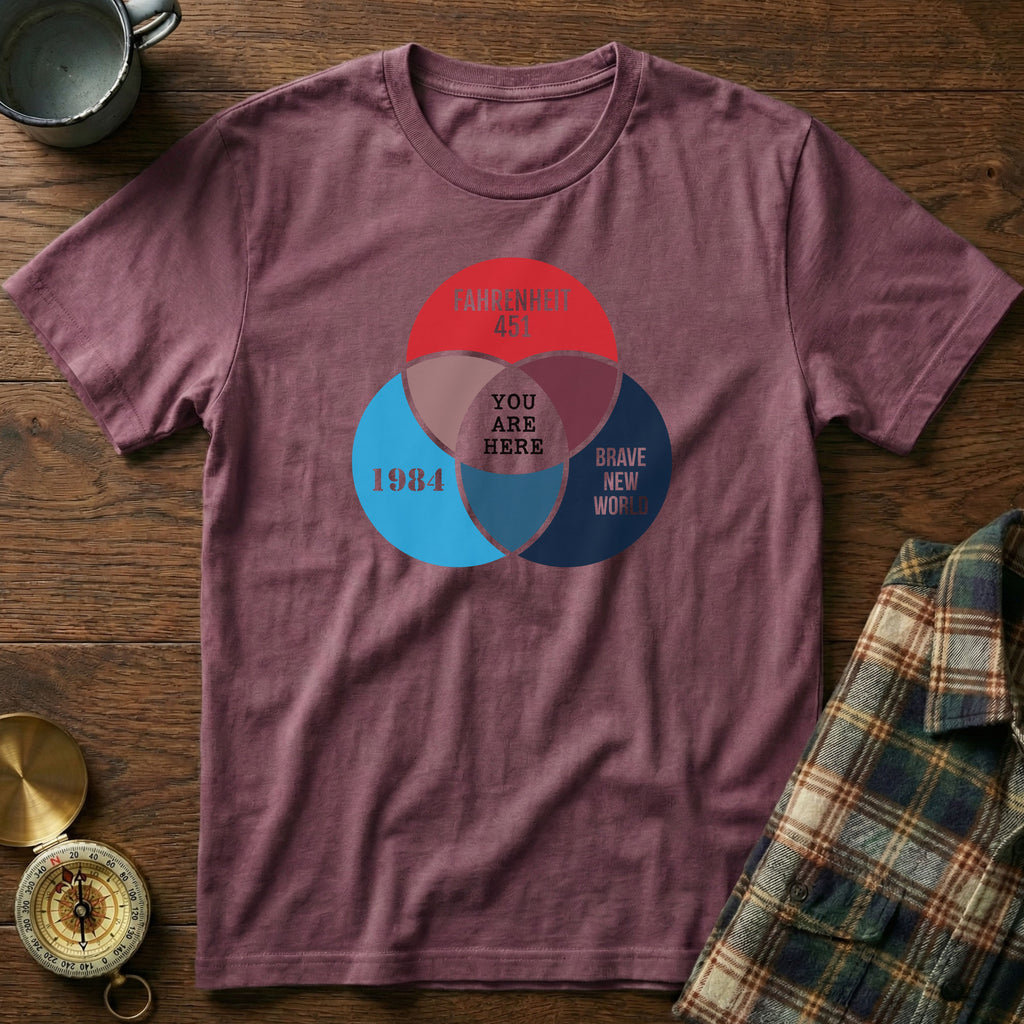 Dystopian Novels Venn Diagram T-Shirt in Berry