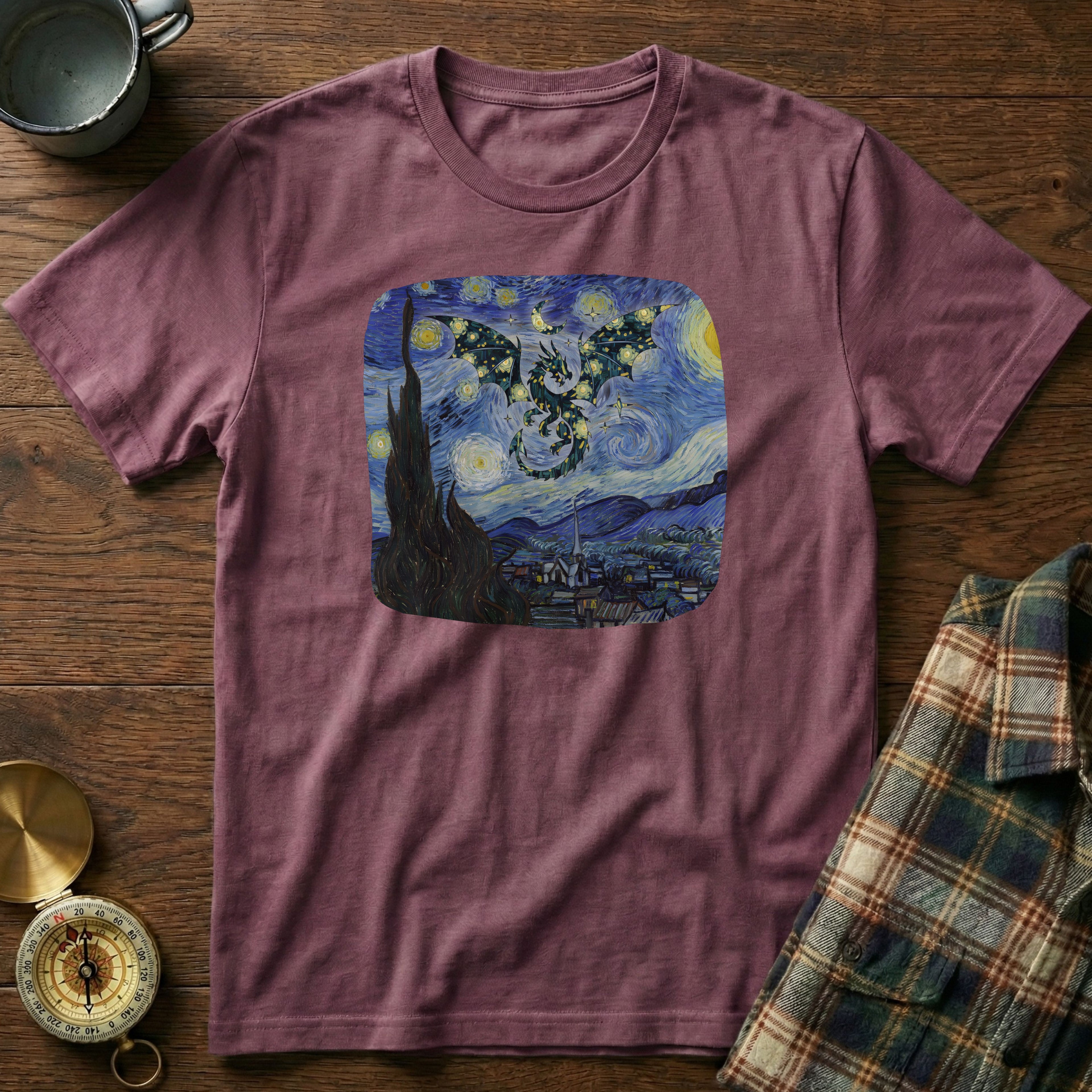 Dragon in Starry Night Van Gogh T-Shirt in Berry