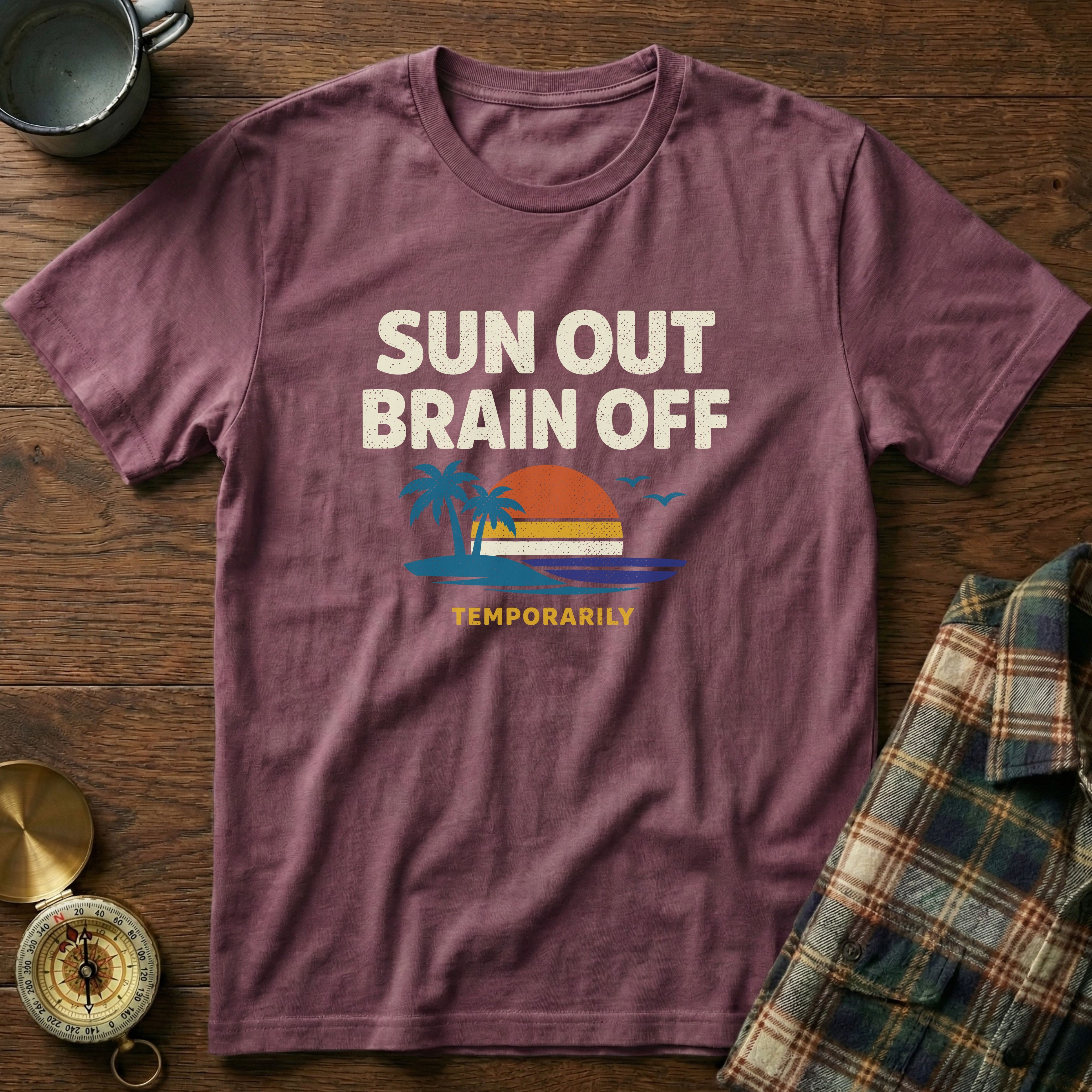 Sun Out Brain Off Retro Beach T-Shirt in Berry
