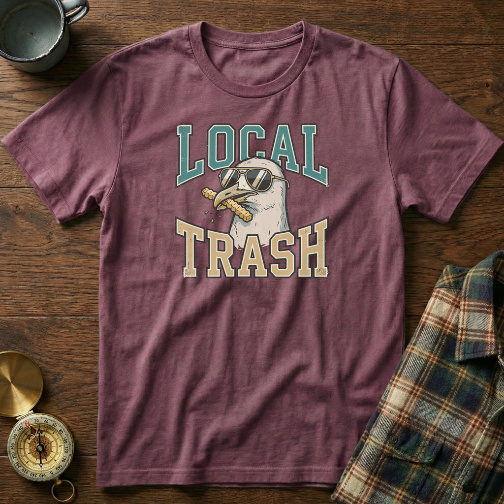 Local Trash Seagull Beach Humor T-shirt in Berry