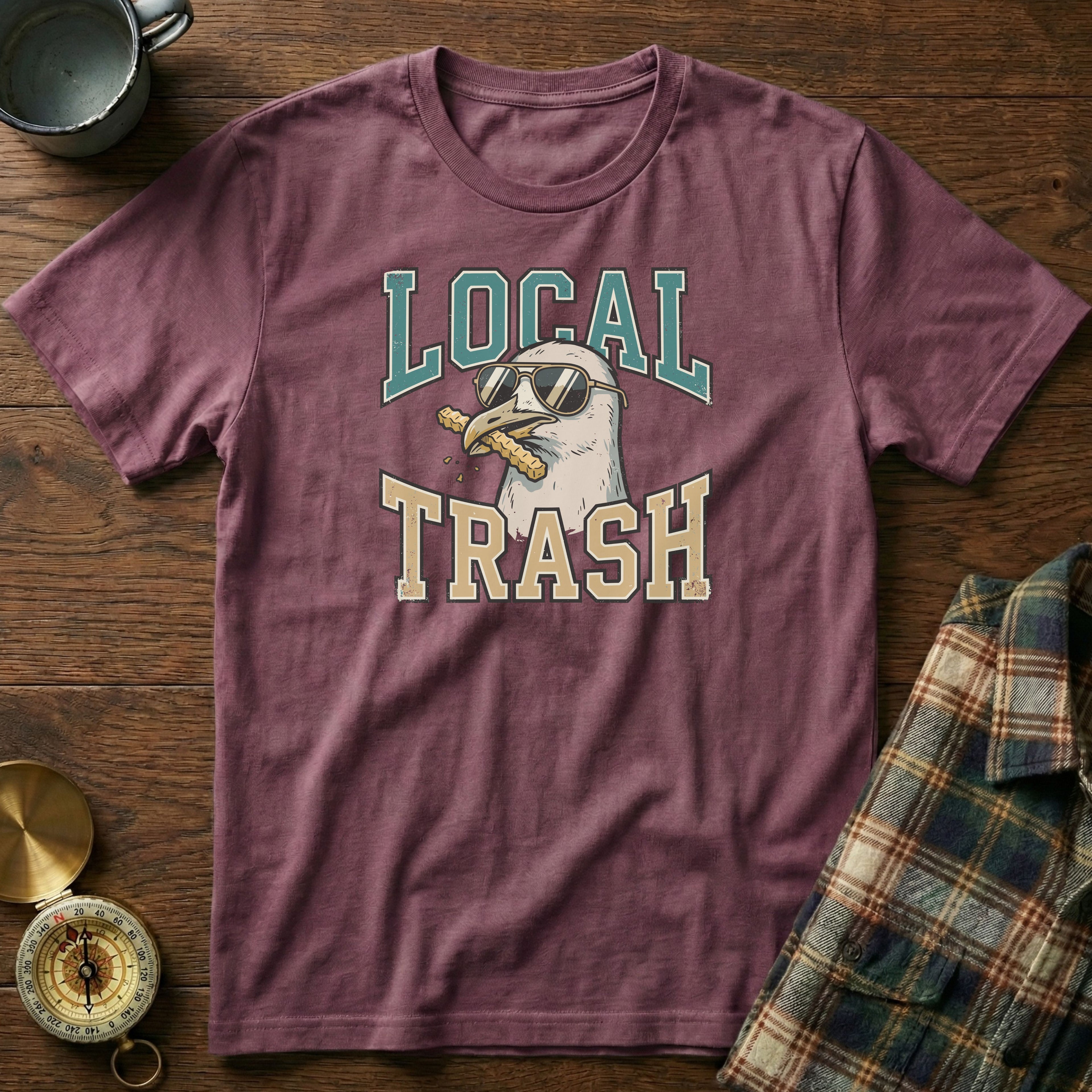 Local Trash Seagull Beach Humor T-shirt in Berry
