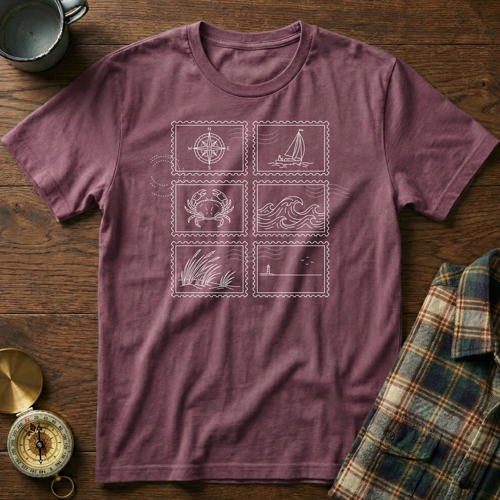 Coastal Wanderer Stamp Collection T-shirt in Berry