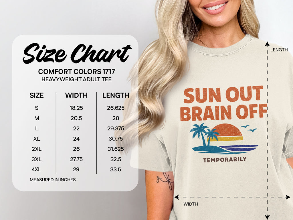 Size chart for heavyweight adult tee with "Sun Out Brain Off" graphic.