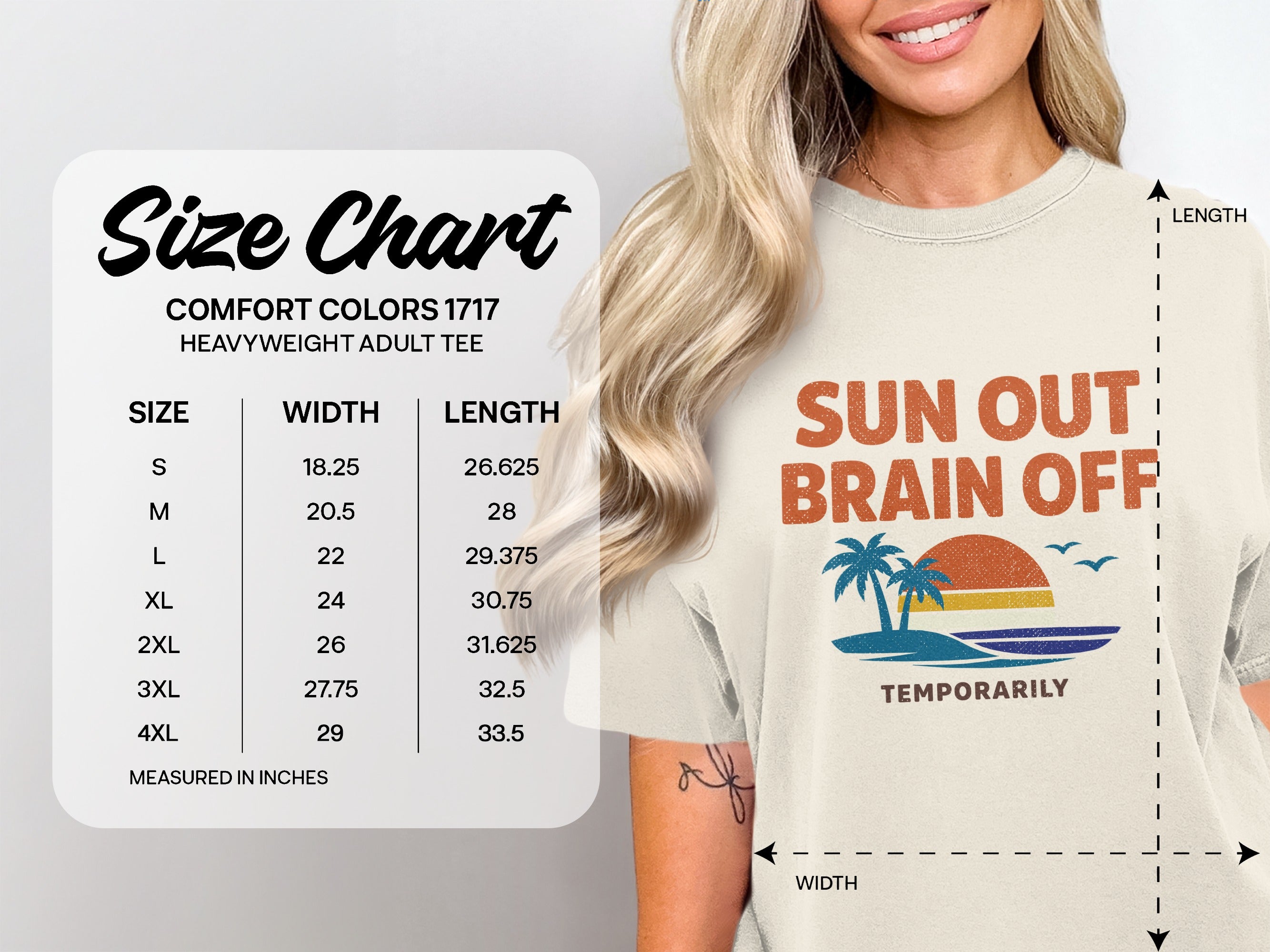 Size chart for heavyweight adult tee with "Sun Out Brain Off" graphic.
