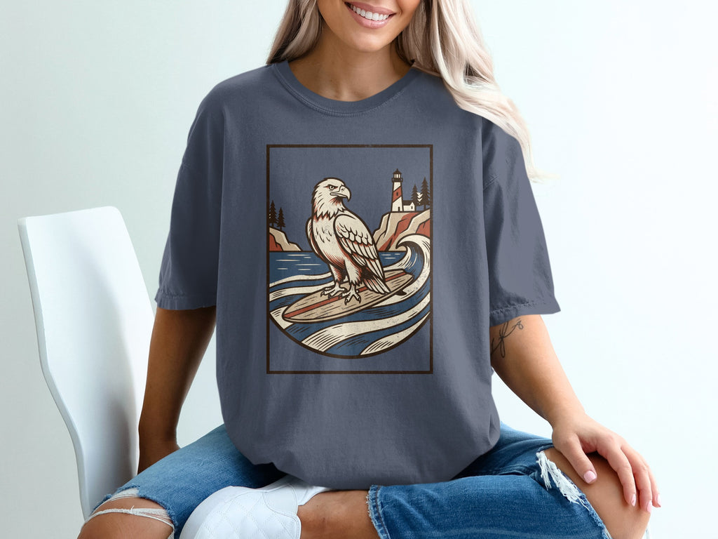 Eagle surfing with lighthouse and trees on a rocky coast.