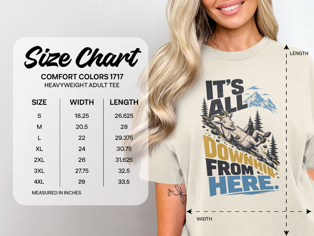 Comfort Colors 1717 t-shirt size chart listing width and length measurements in inches for sizes S to 4XL alongside a graphic tee.