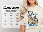 Comfort Colors 1717 t-shirt size chart listing width and length measurements in inches for sizes S to 4XL alongside a graphic tee.
