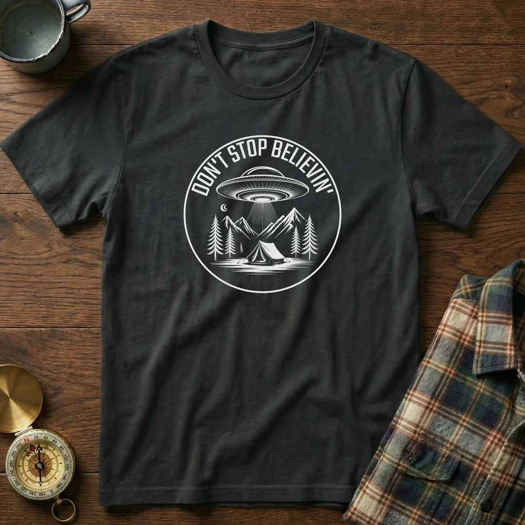 DON'T STOP BELIEVIN' UFO Camping T-Shirt in Black