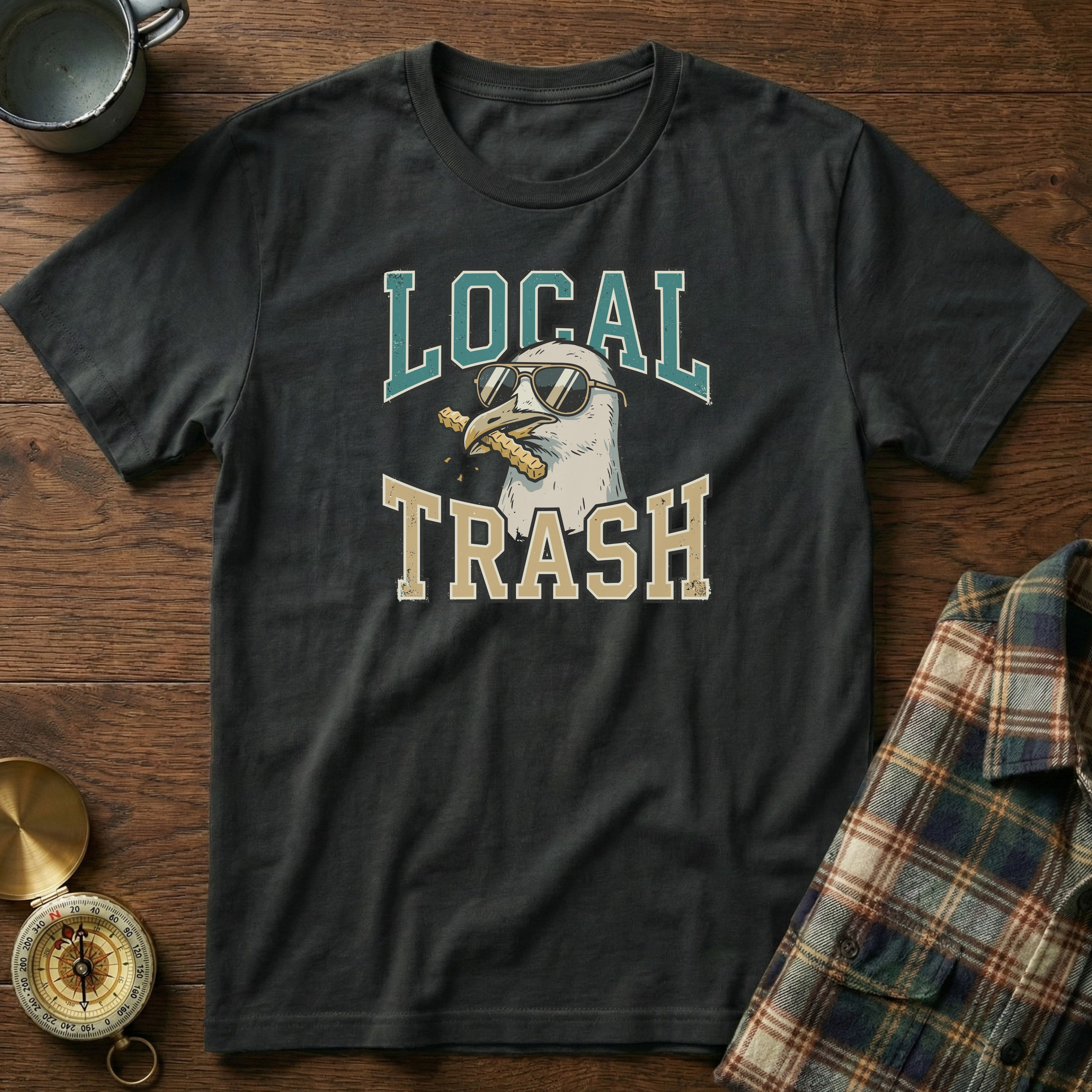 Local Trash Seagull Beach Humor T-shirt in Black