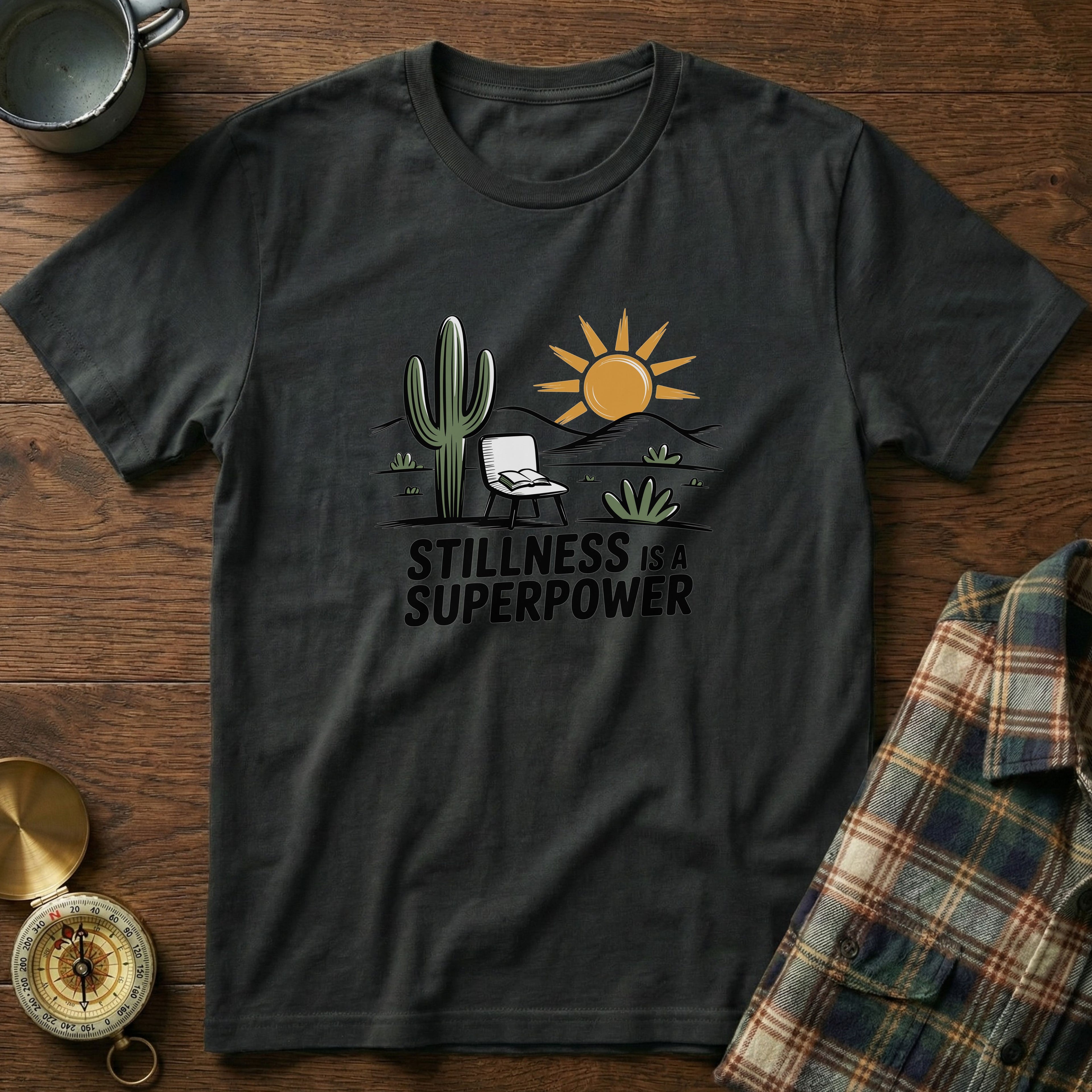 Mindful Cactus & Sun Scene T-Shirt in Black