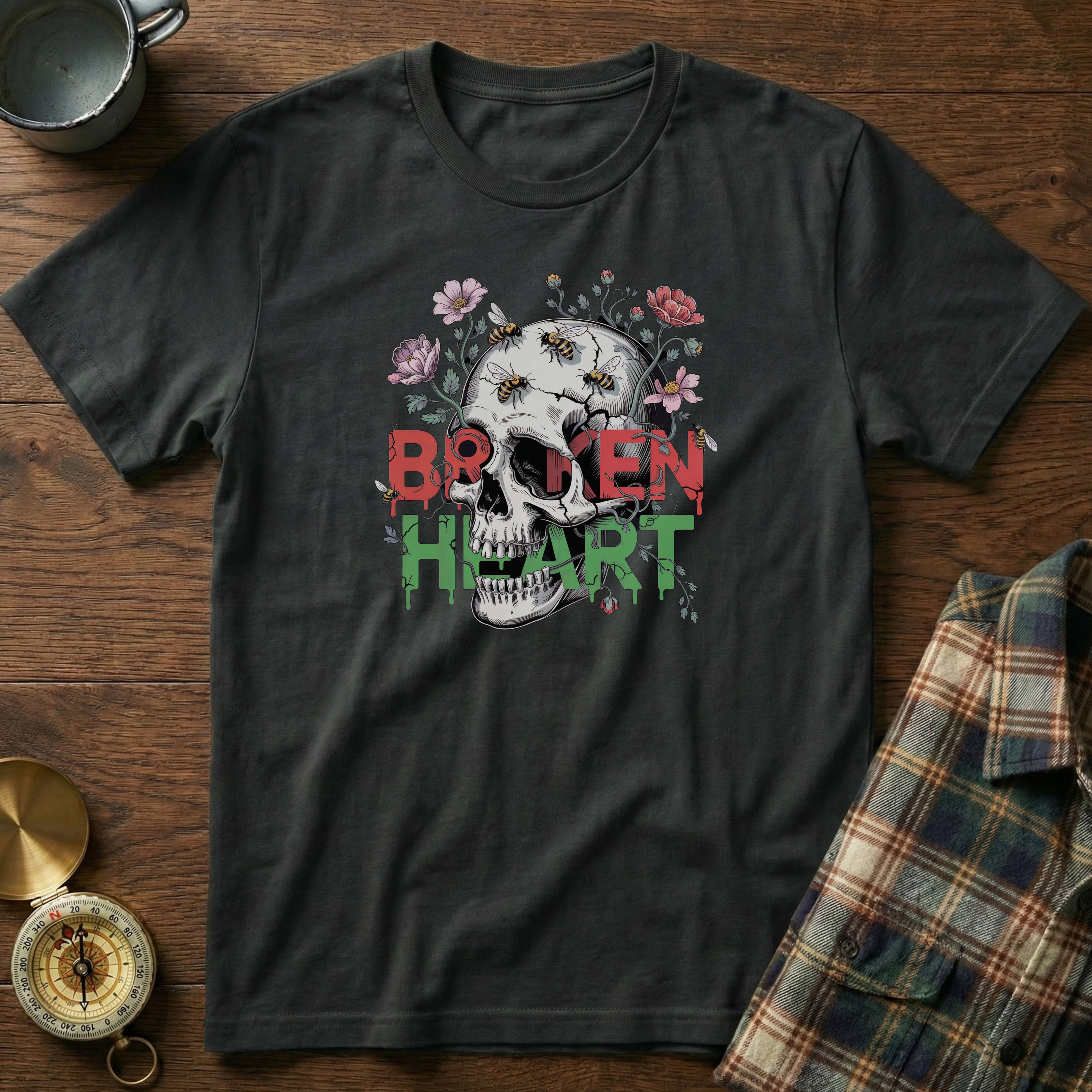 Broken Heart Skull Floral Goth T-Shirt in Black