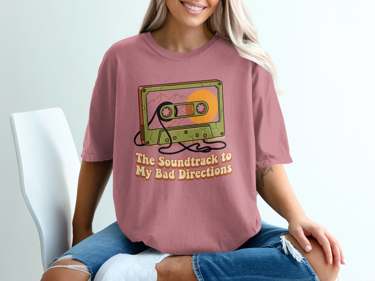 Retro cassette tape graphic with text "The Soundtrack to My Bad Directions".
