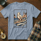 Eagle surfing in ocean with lighthouse on cliff in background.