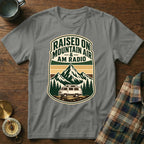 Grey t-shirt with vintage van, mountains, and text "Raised on Mountain Air and AM Radio".