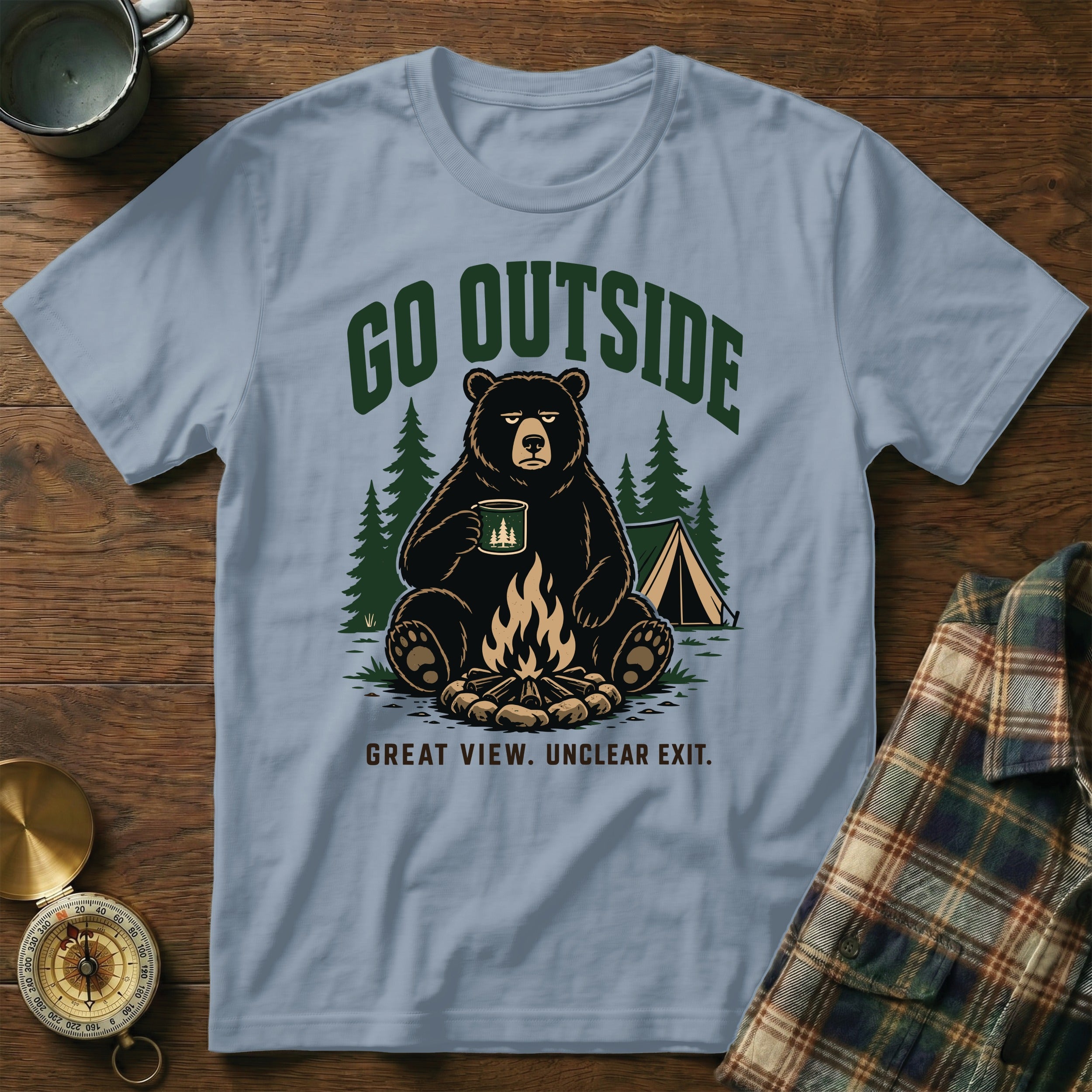 Bear with "Go Outside" and "Great View. Unclear Exit." text.