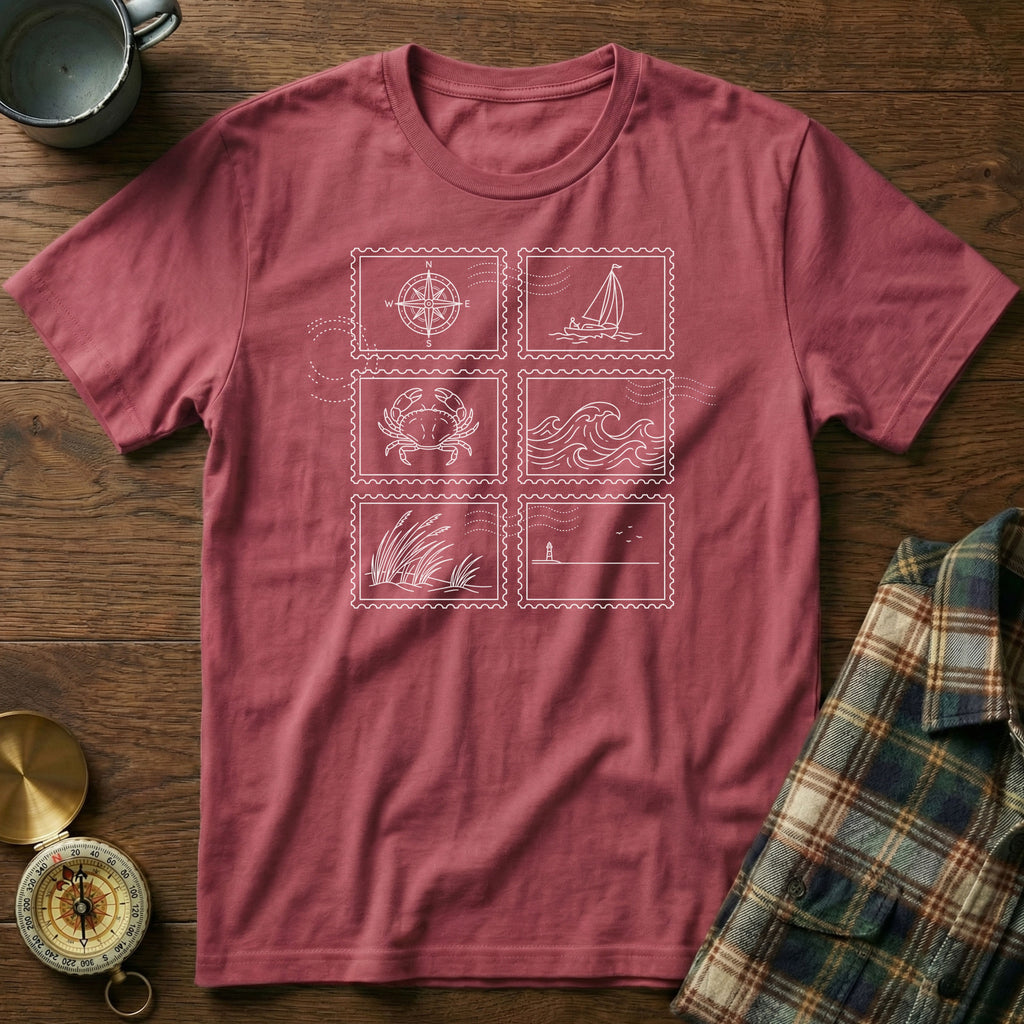 Coastal Wanderer Stamp Collection T-shirt in Crimson