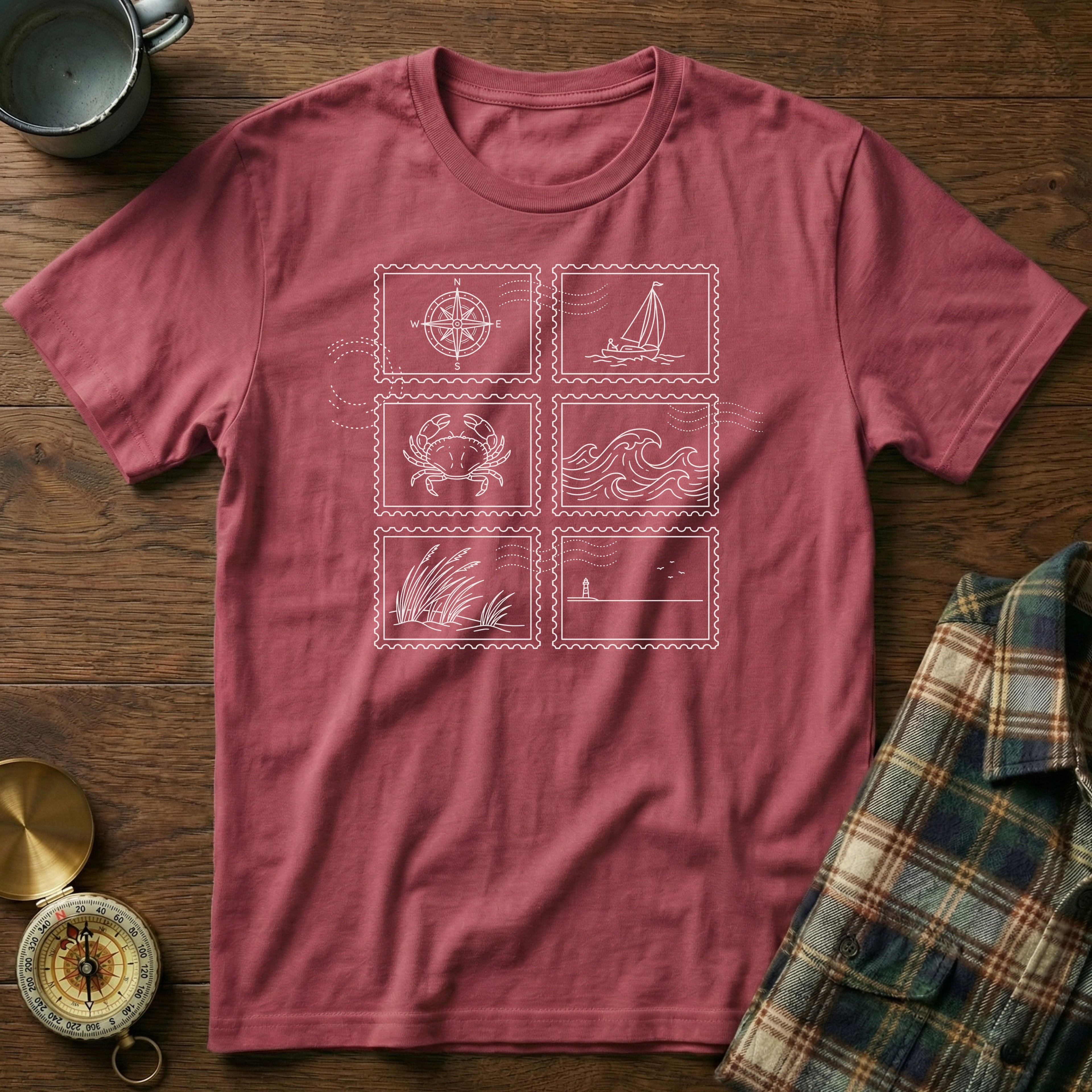 Coastal Wanderer Stamp Collection T-shirt in Crimson
