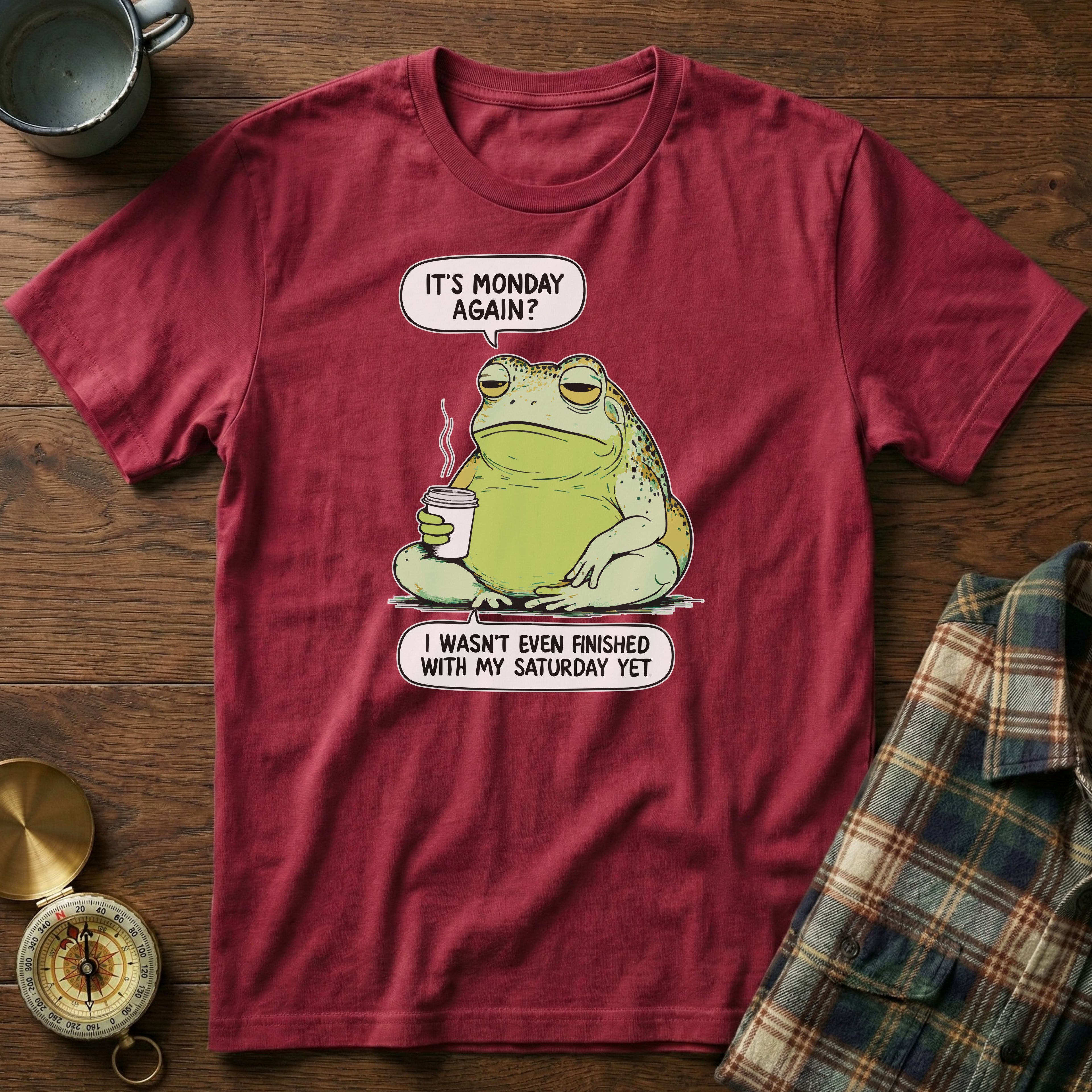 Funny Monday Frog Coffee T-Shirt in Crimson