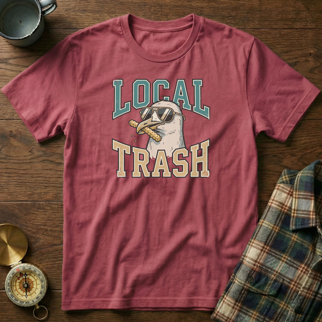 Local Trash Seagull Beach Humor T-shirt in Crimson