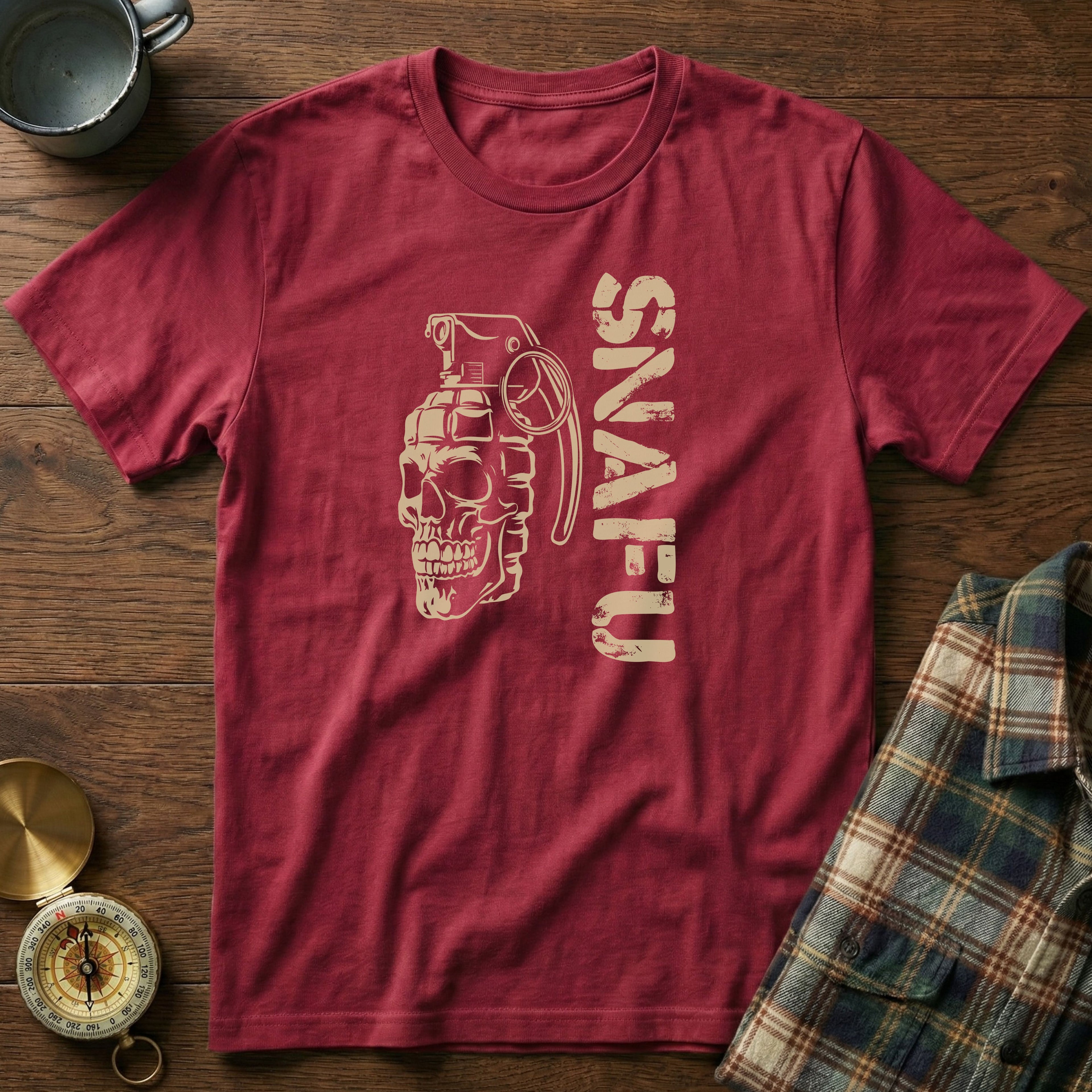 SNAFU Skull Grenade T-Shirt in Crimson