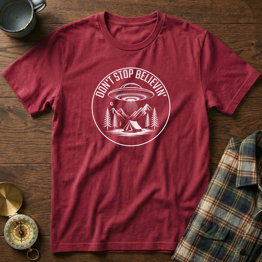 DON'T STOP BELIEVIN' UFO Camping T-Shirt in Crimson