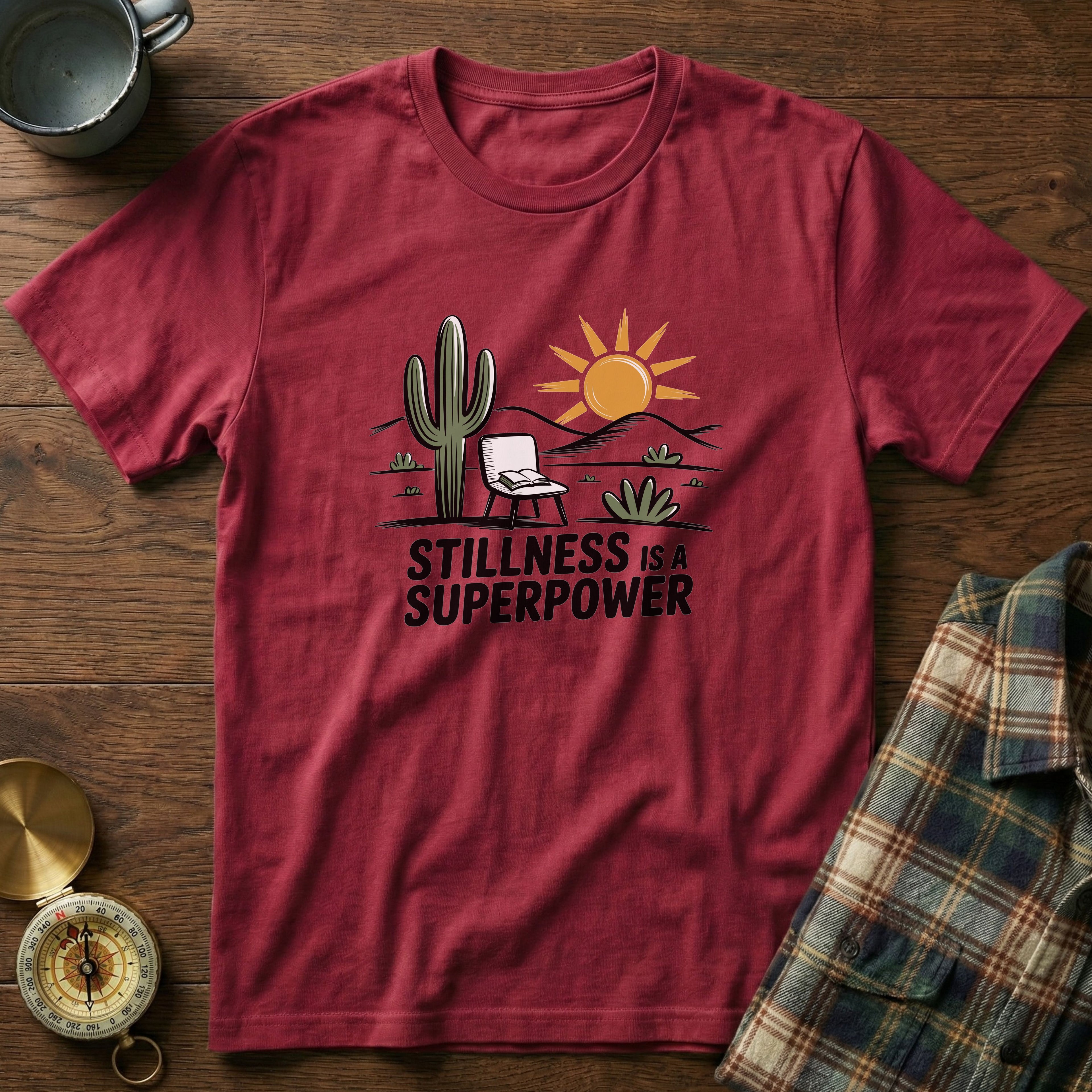 Mindful Cactus & Sun Scene T-Shirt in Crimson