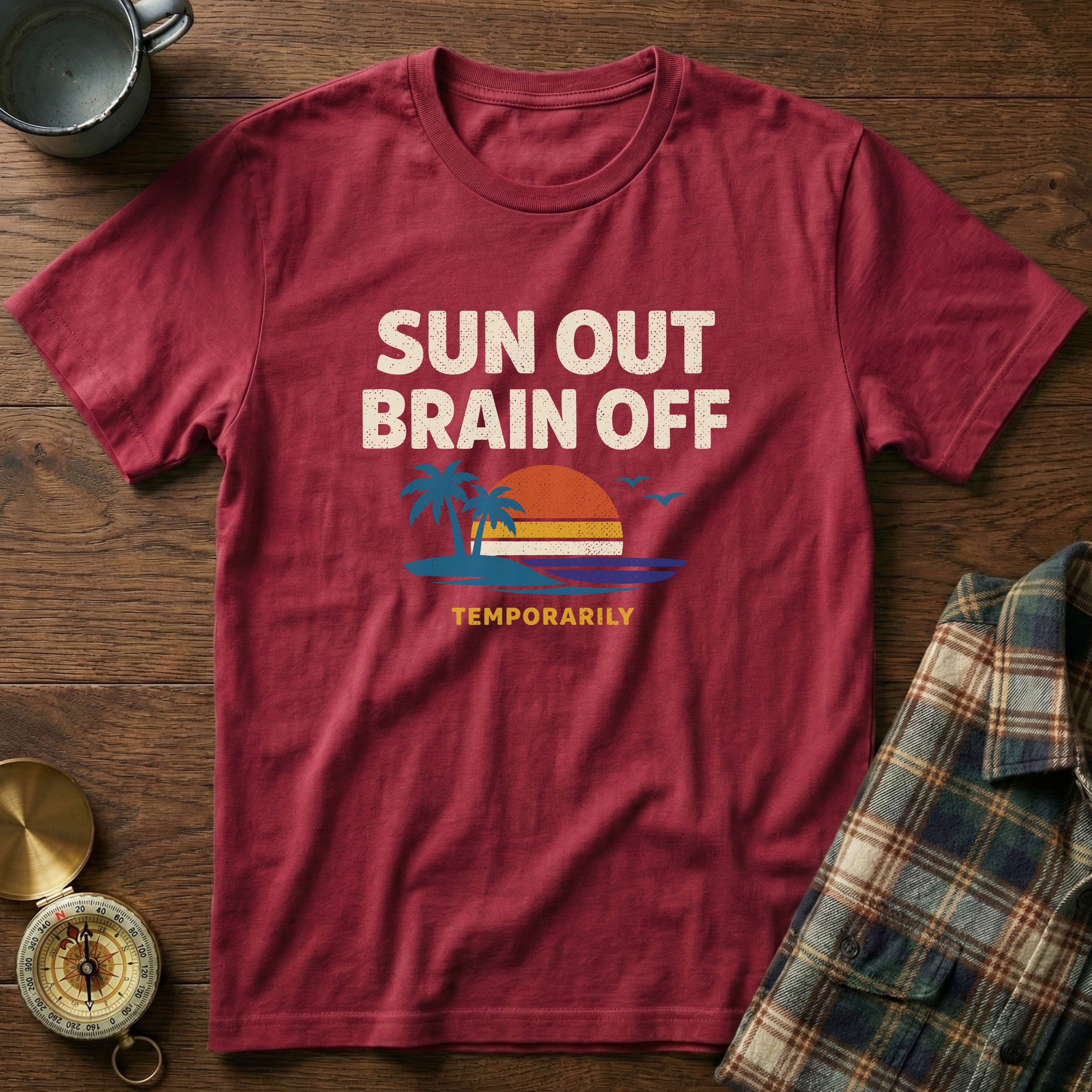 Sun Out Brain Off Retro Beach T-Shirt in Crimson