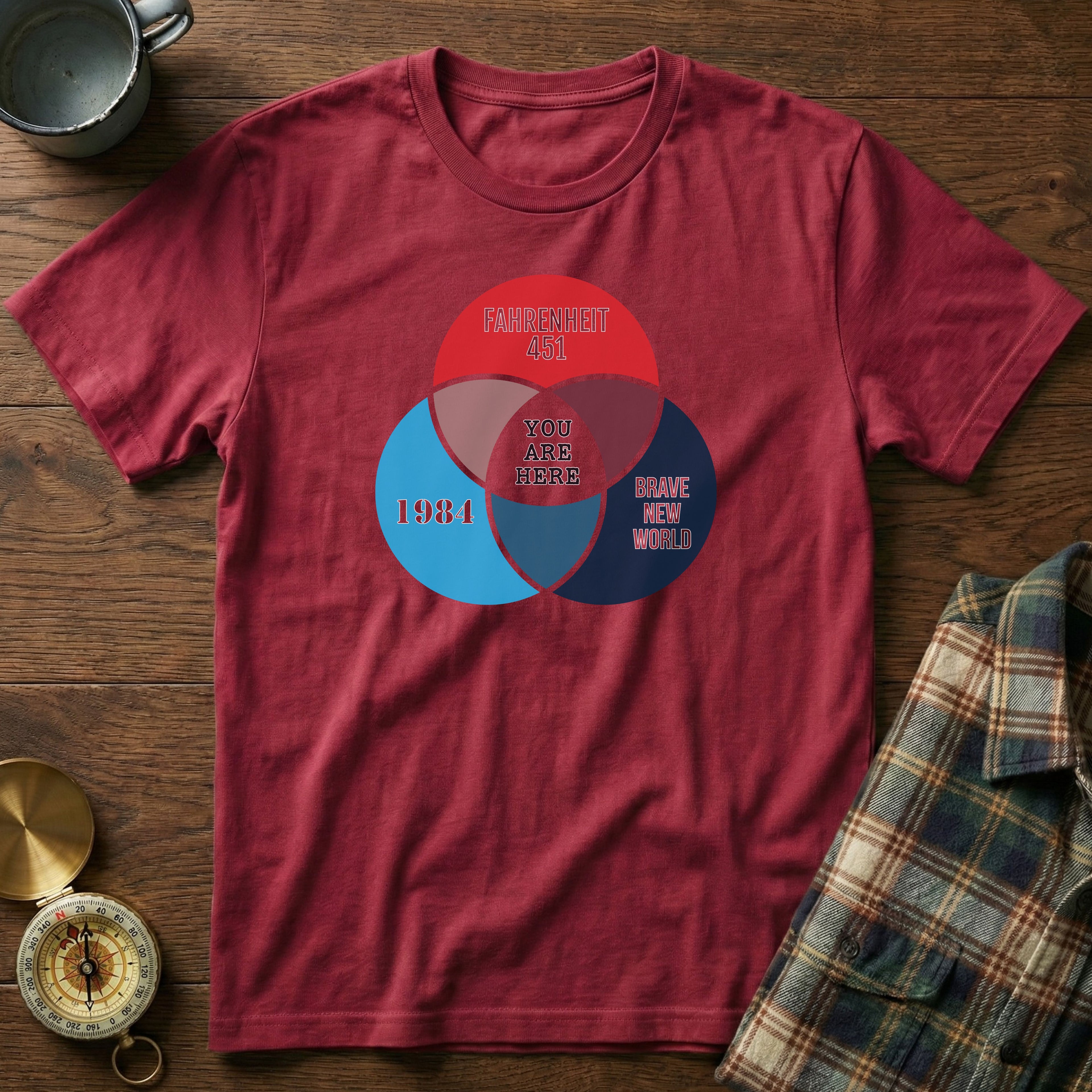 Dystopian Novels Venn Diagram T-Shirt in Crimson
