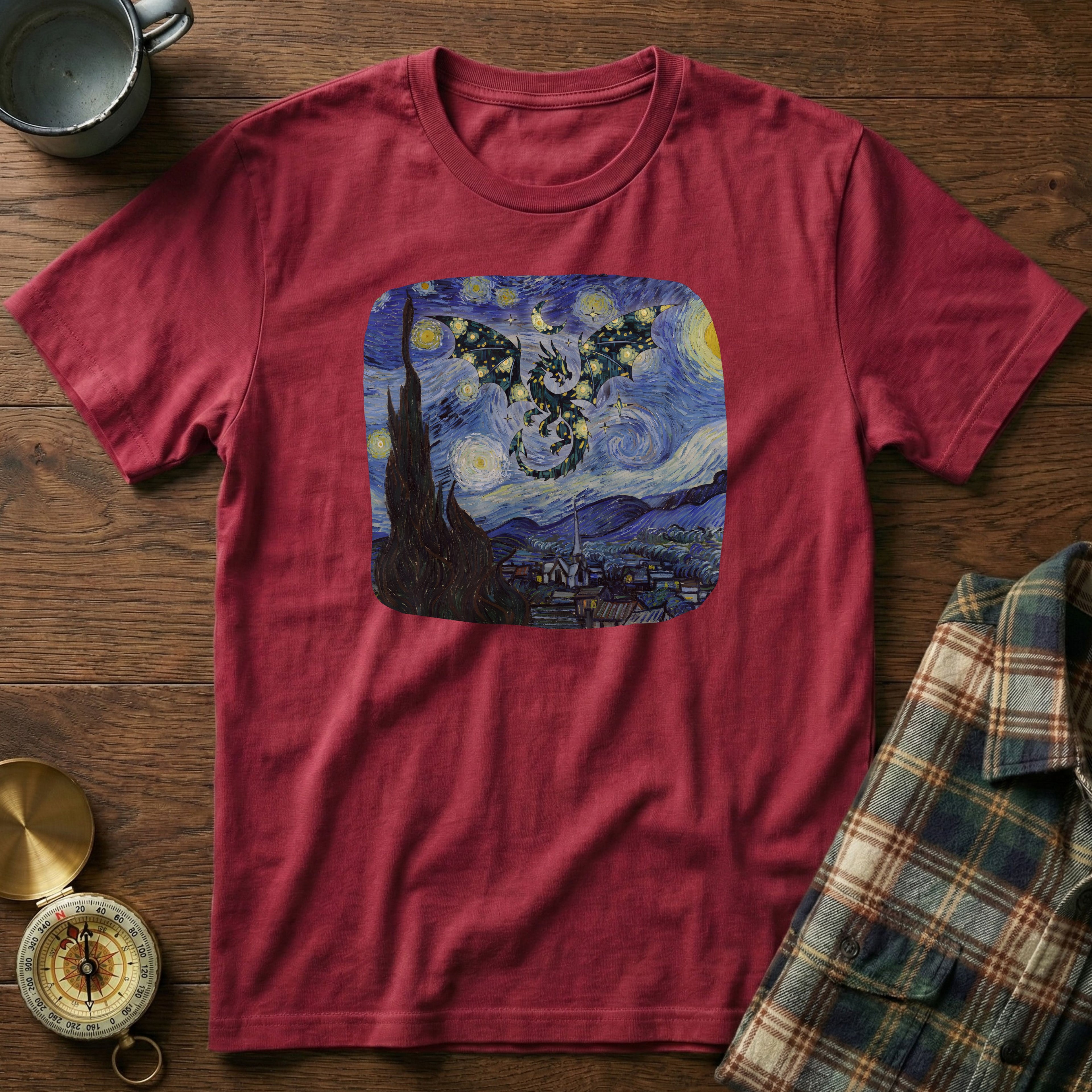 Dragon in Starry Night Van Gogh T-Shirt in Crimson