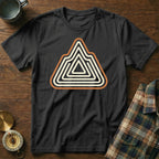 Black t-shirt with a stylized mountain range logo in beige and orange stripes.