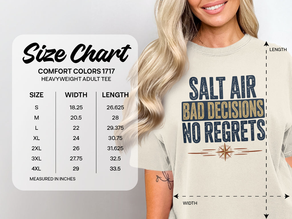 Comfort Colors size chart for heavyweight adult tees with "Salt Air, Bad Decisions, No Regrets" graphic.