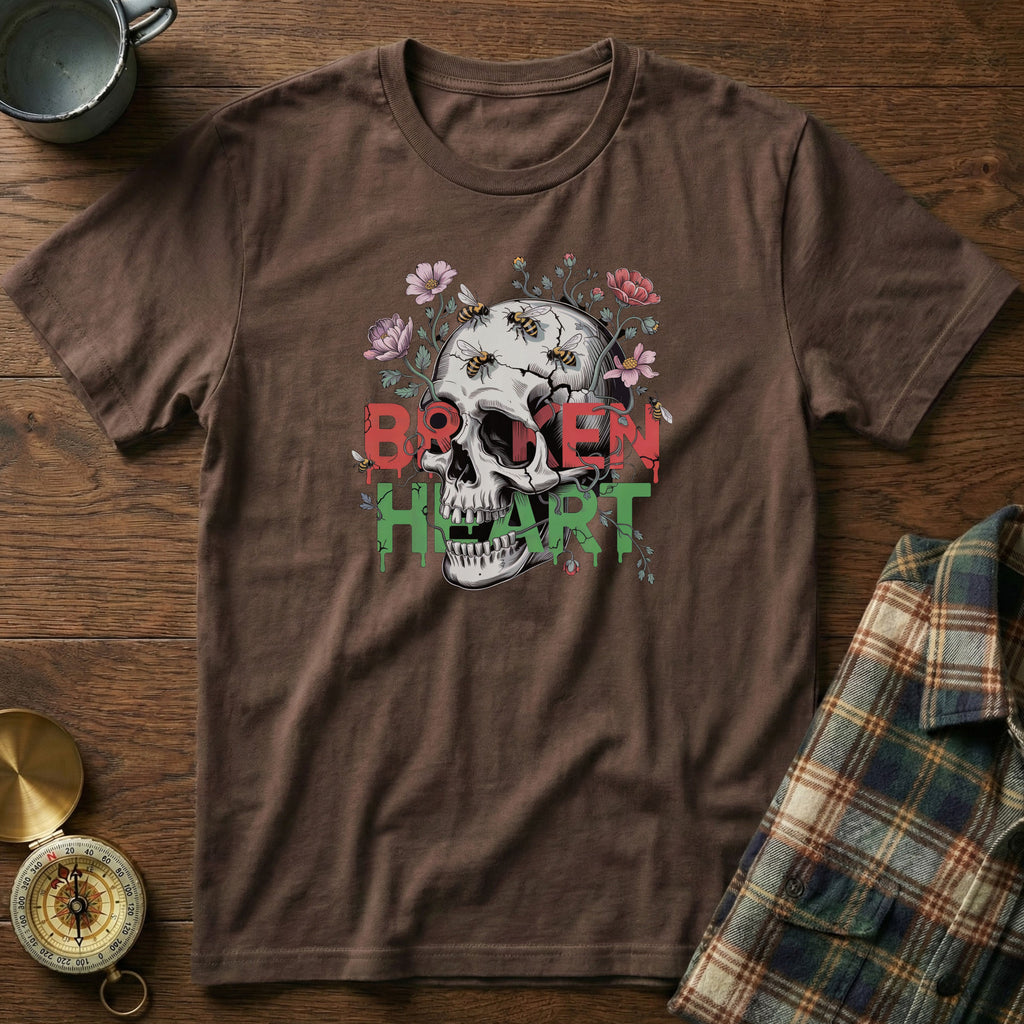 Broken Heart Skull Floral Goth T-Shirt
