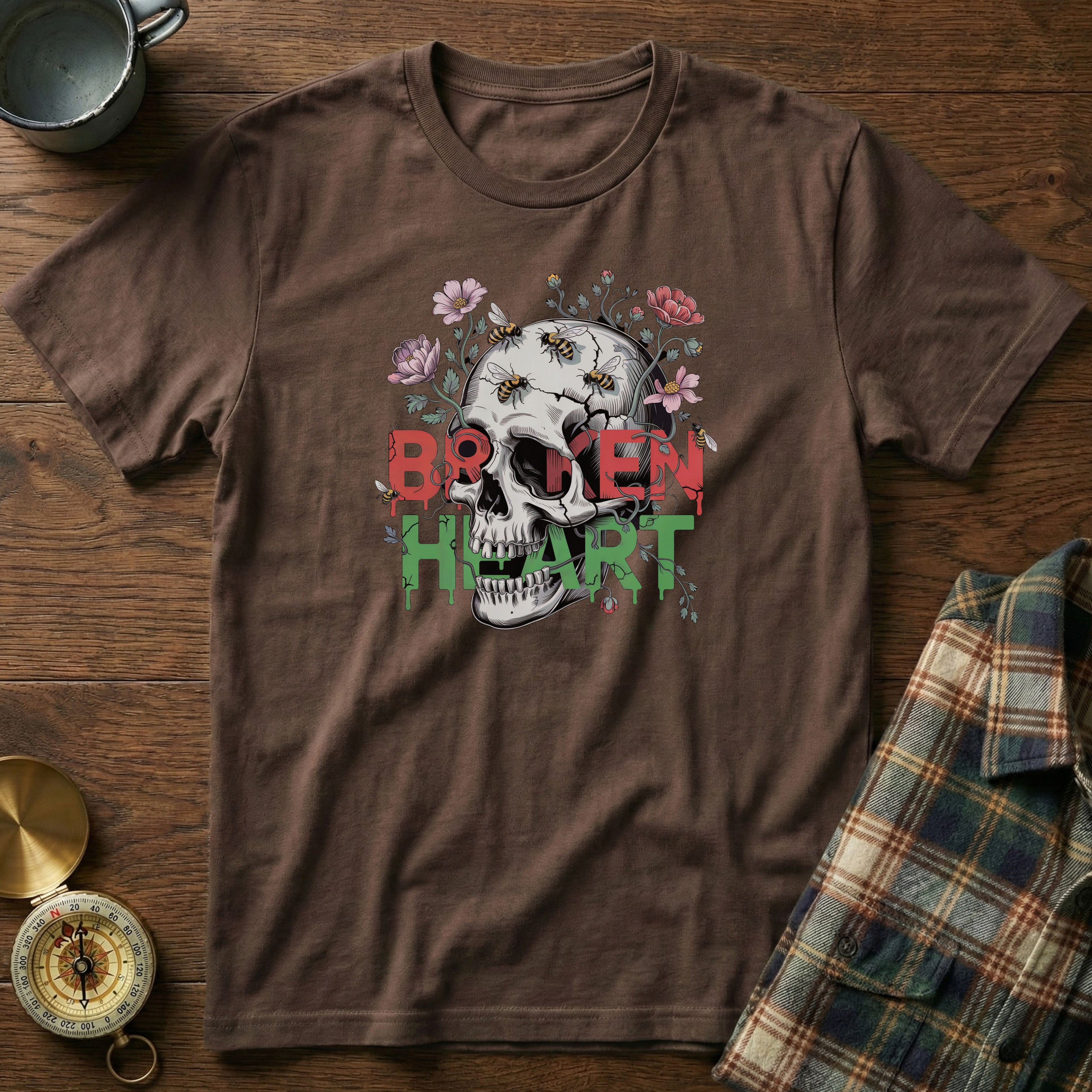 Broken Heart Skull Floral Goth T-Shirt